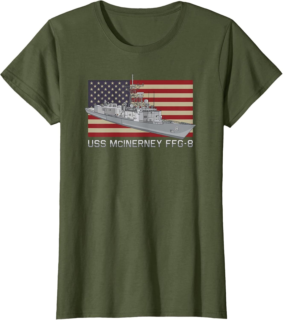 USS McInerney FFG-8 Ship Diagram American Flag T-Shirt - Olive Green