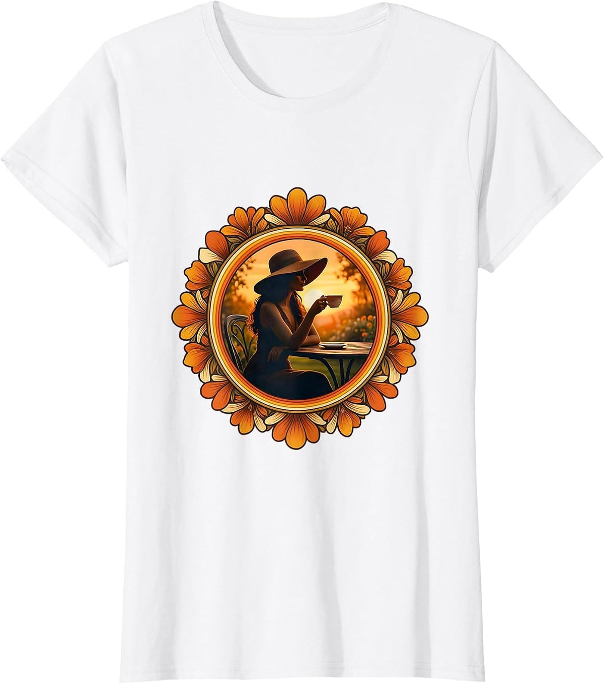 Elegant Tea Garden Illustration Gigi Design T-Shirt - White