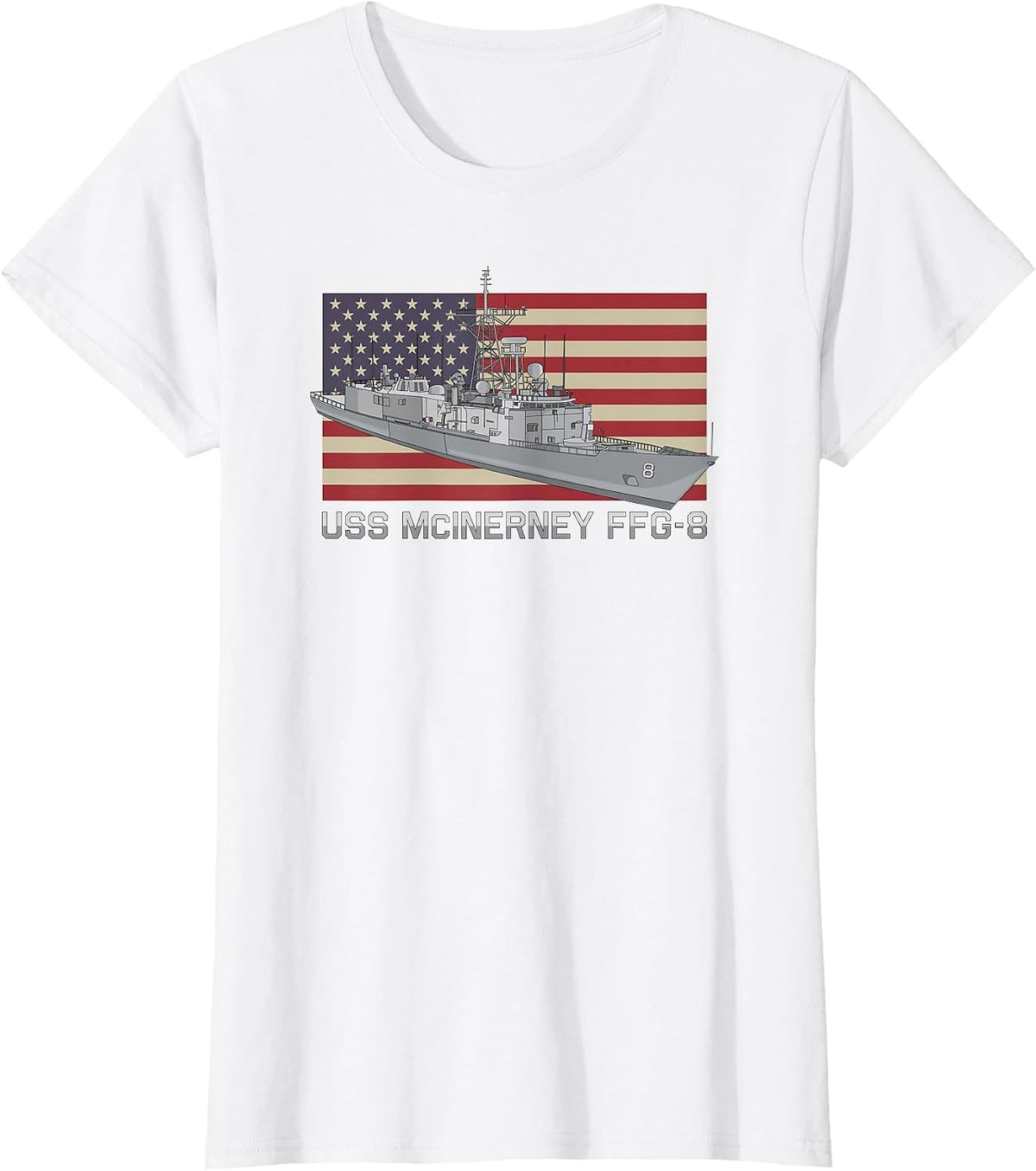 USS McInerney FFG-8 Ship Diagram American Flag T-Shirt - White