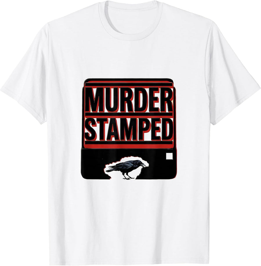 Men's Murder Stamped Stencil Graphic Dark Humor Crow Lover T-Shirt - White