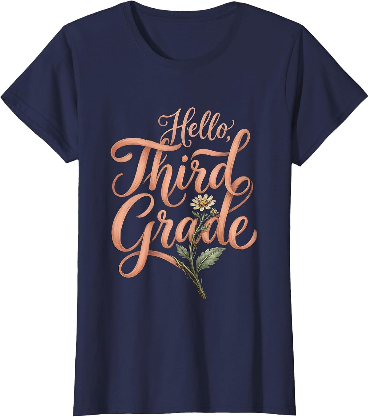 Women's Hello, Third Grade Boho Wildflower Back To School Teacher T-Shirt - Navy Blue
