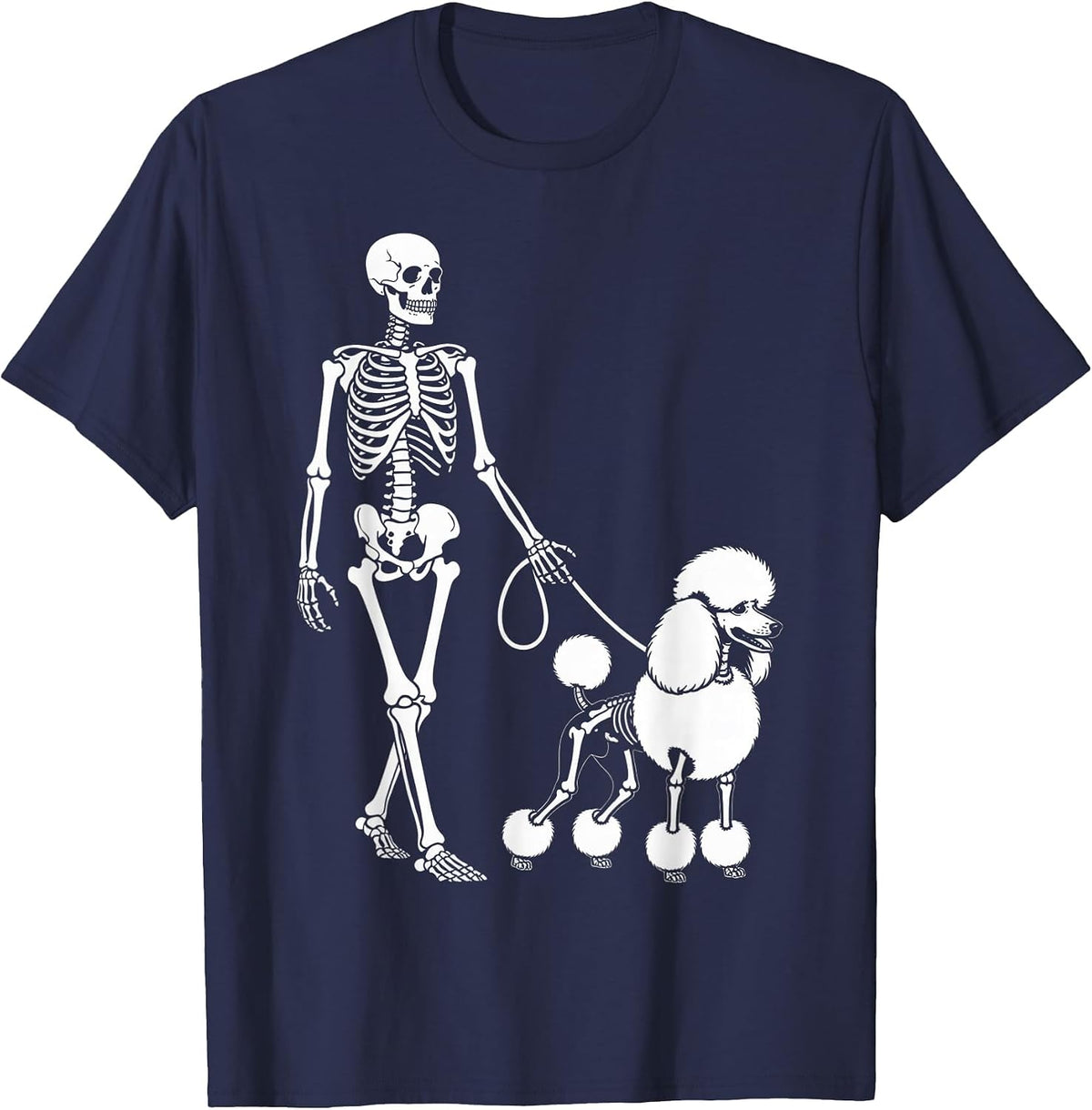 Skeleton Walking Poodle Dog Lovers Halloween Humor T-Shirt - Navy Blue