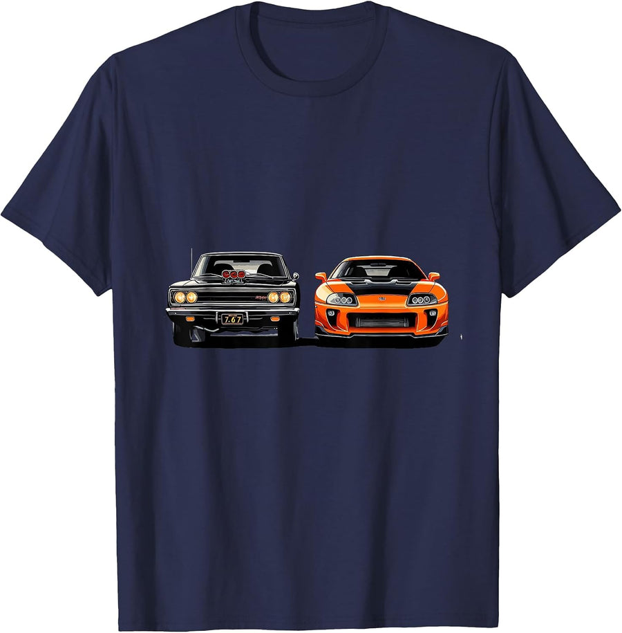 Iconic Cars Drag Racing Street Gearhead Car Guy Burnout T-Shirt - Navy Blue