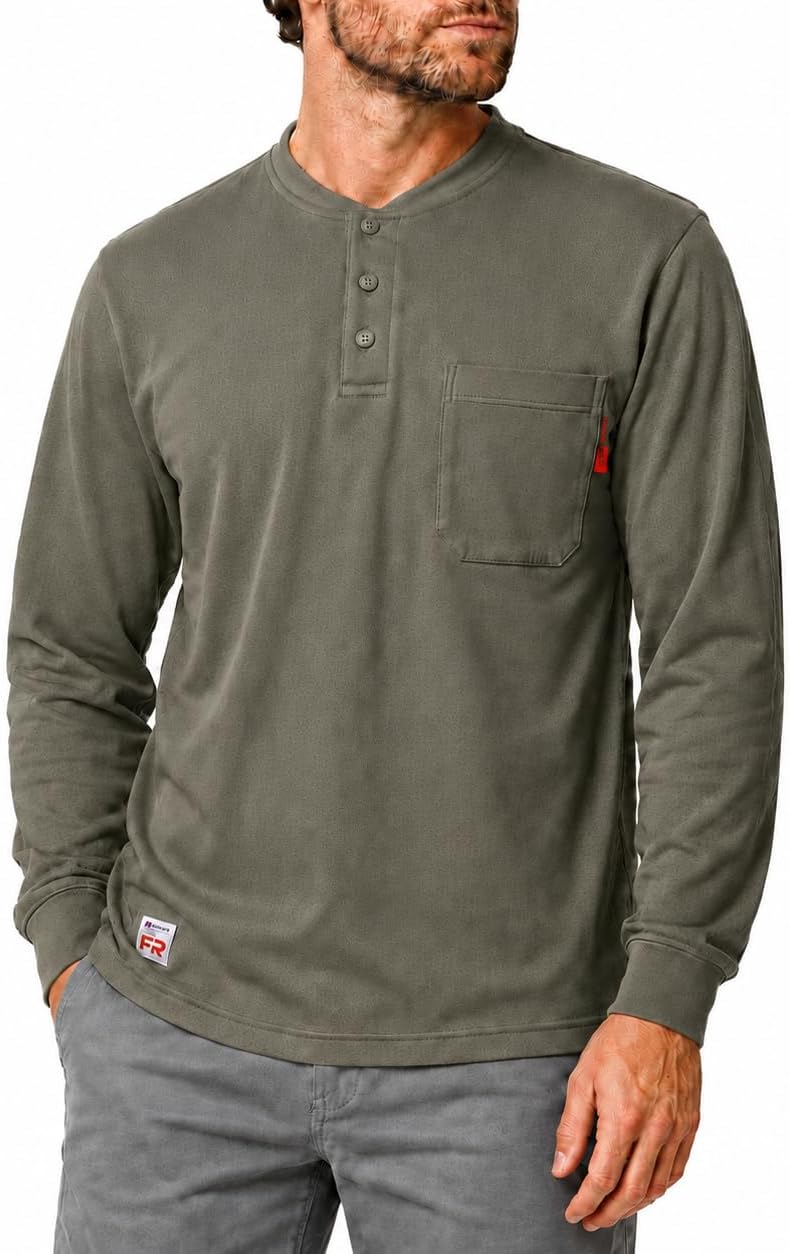 GloWave Men's FR Shirts, 6oz Long Sleeve Flame Resistant Henley Shirts - Army Green