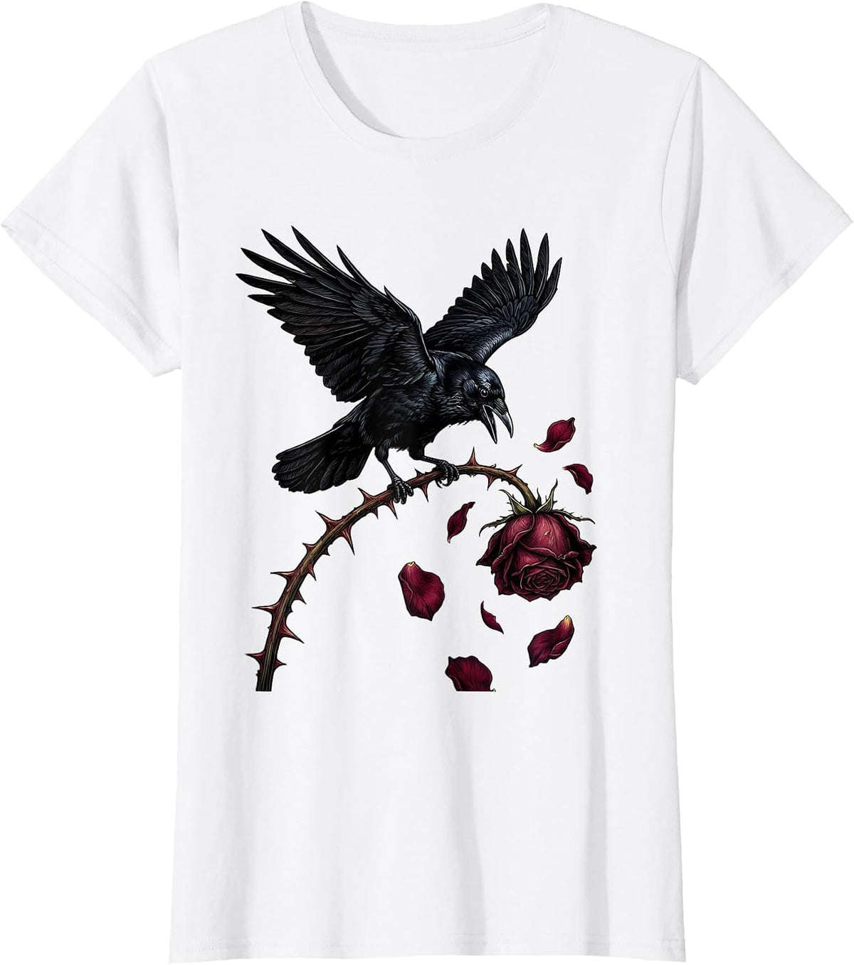 Emo Crow on Thorny Rose Stem Graphic T-Shirt - White