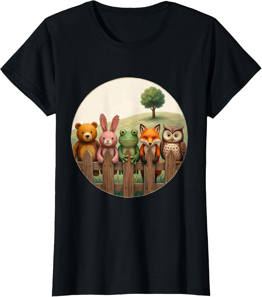 Women's Preschool Teacher Finger Puppets on a Fence Design T-Shirt - Black