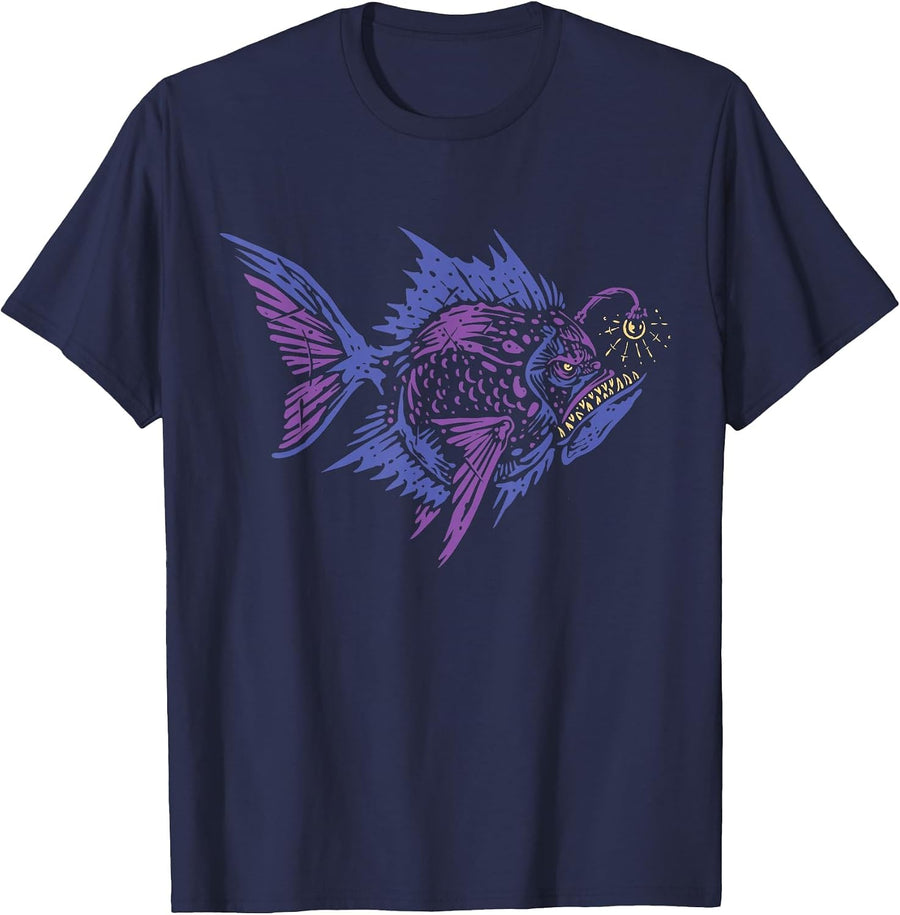 Anglerfish Deep Sea Creatures Sea Monster Angler Fish T-Shirt - Navy Blue
