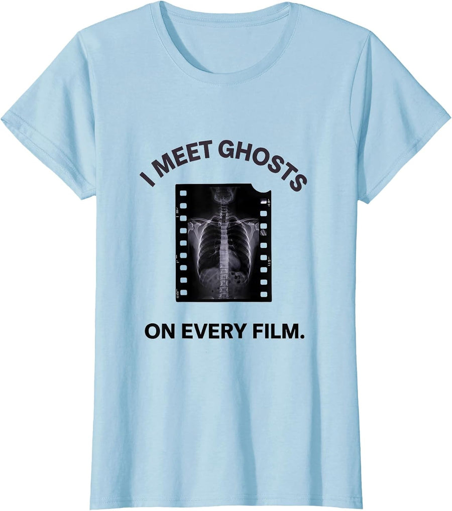 Women's I Meet Ghosts On Every Film Funny Radiology Tech Halloween T-Shirt - Baby Blue