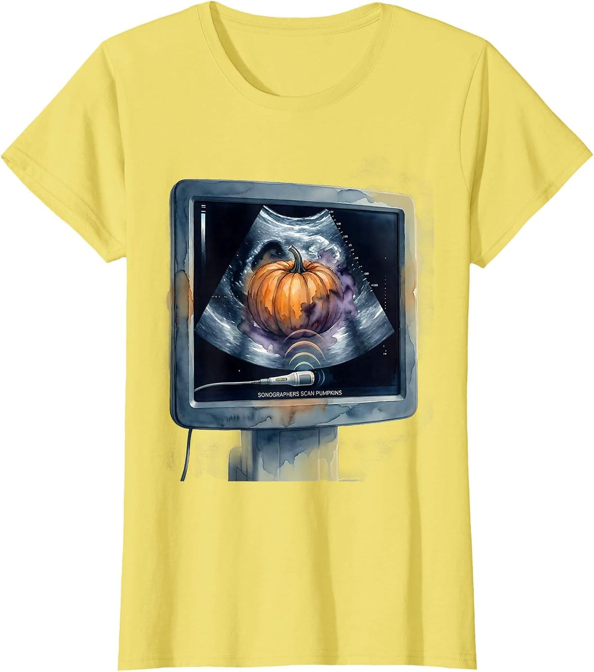 Sonographers Scan Pumpkins Watercolor Halloween Radiology T-Shirt - Lemon Yellow