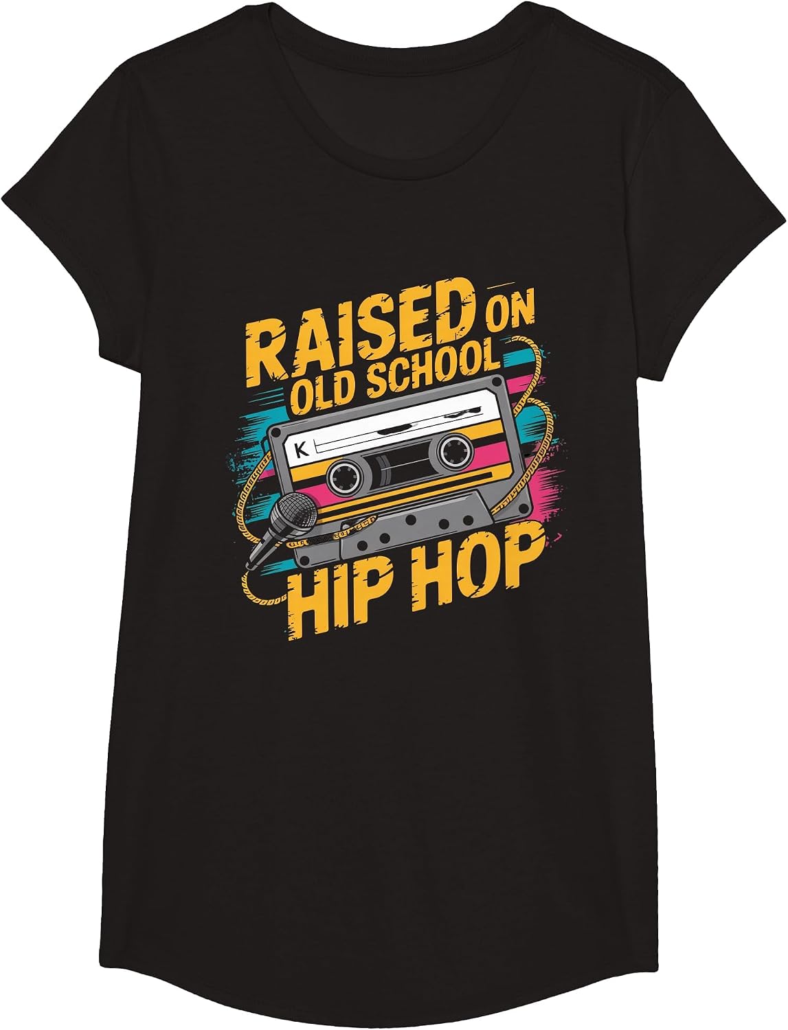 Raised ON Old School Hip HOP Tshirt Cassette Graffiti Rap T-Shirt - Girls Black