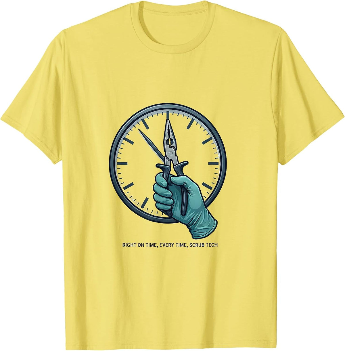 Men's Right On Time, Every Time, Scrub Tech Funny Surgical T-Shirt - Lemon Yellow