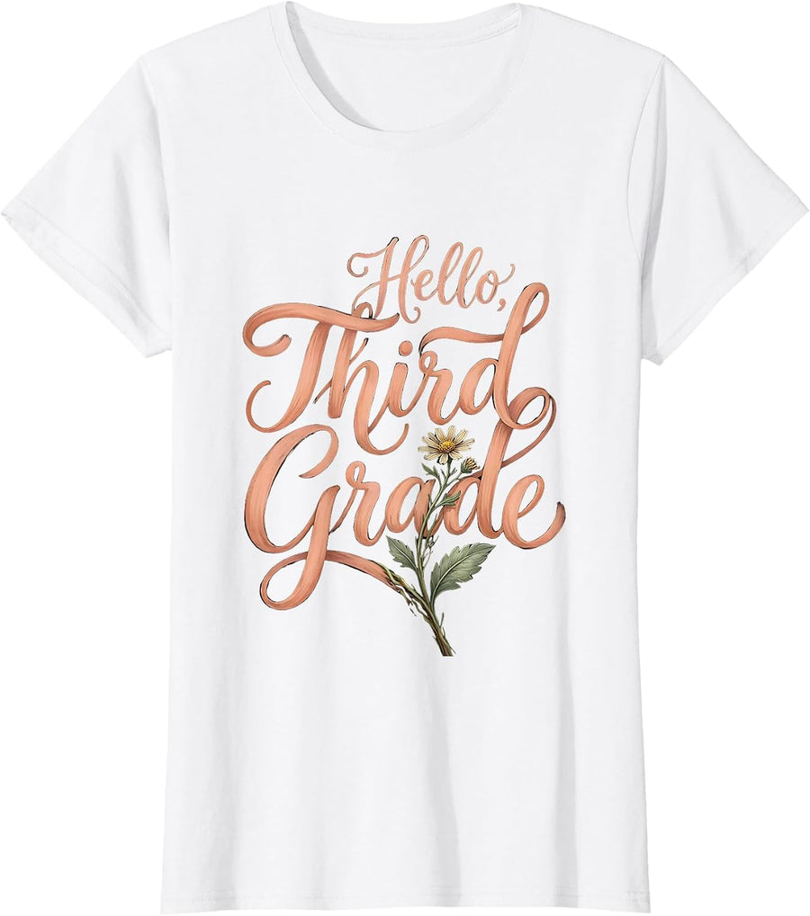 Women's Hello, Third Grade Boho Wildflower Back To School Teacher T-Shirt - White