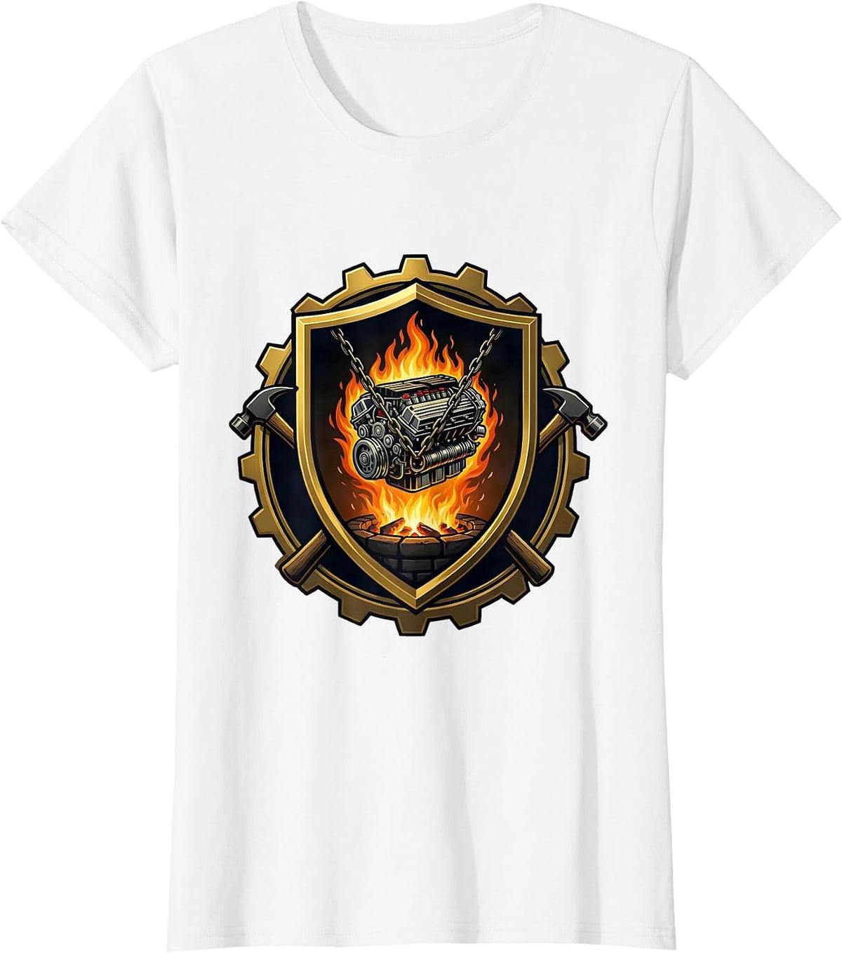 Women's Valley Forge Automotive Car Engine Blacksmith Design T-Shirt - White