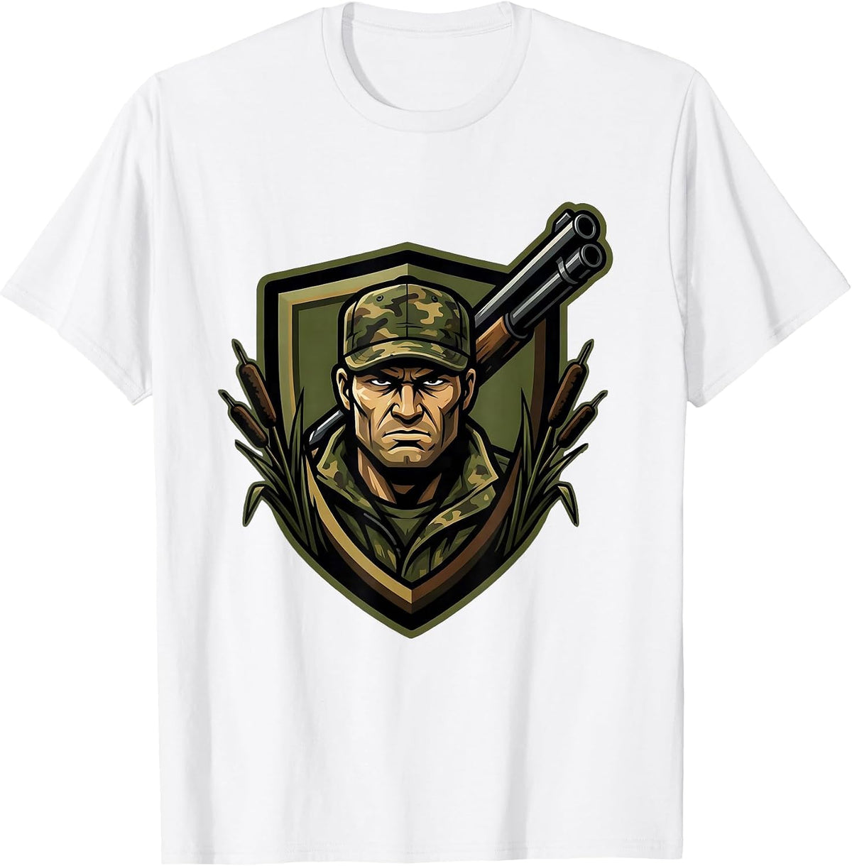 Men's Duck Hunter in Blind With Shotgun Raised T-Shirt - White