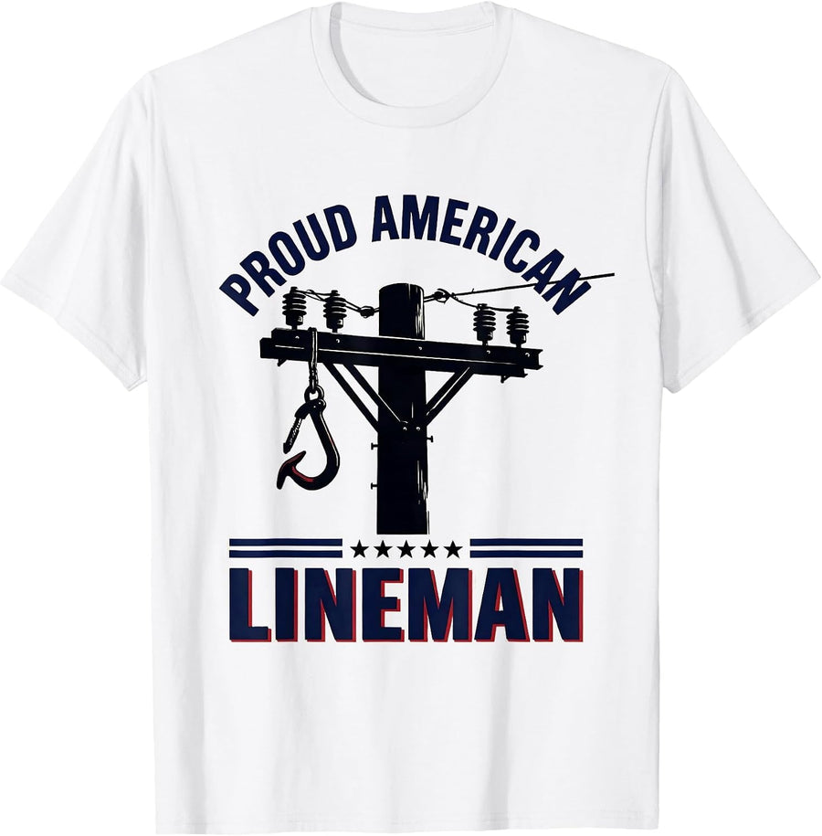 Men's Proud American Lineman Patriotic Electrician Mechanic T-Shirt - White
