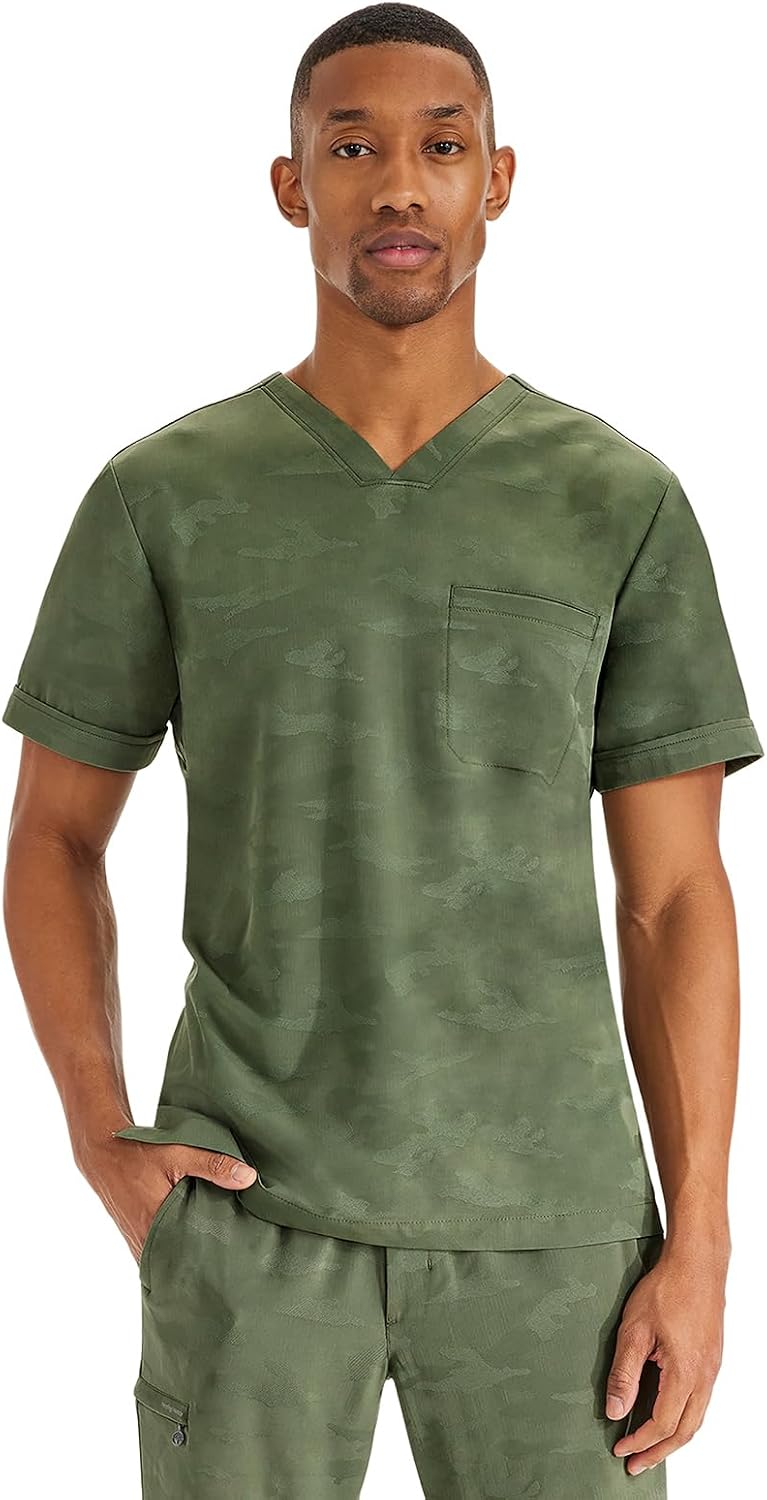 Healing Hands Jack Camo Scrubs for Men V-Neck Scrub Top with Chest Pocket - Olive