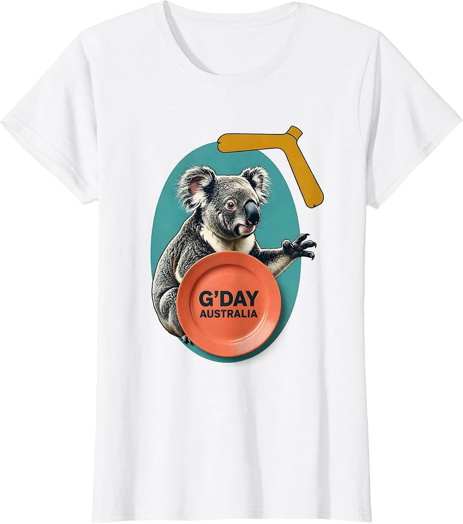 Women's G'day, Australia Midcentury Modern Koala Boomerang National T-Shirt - White