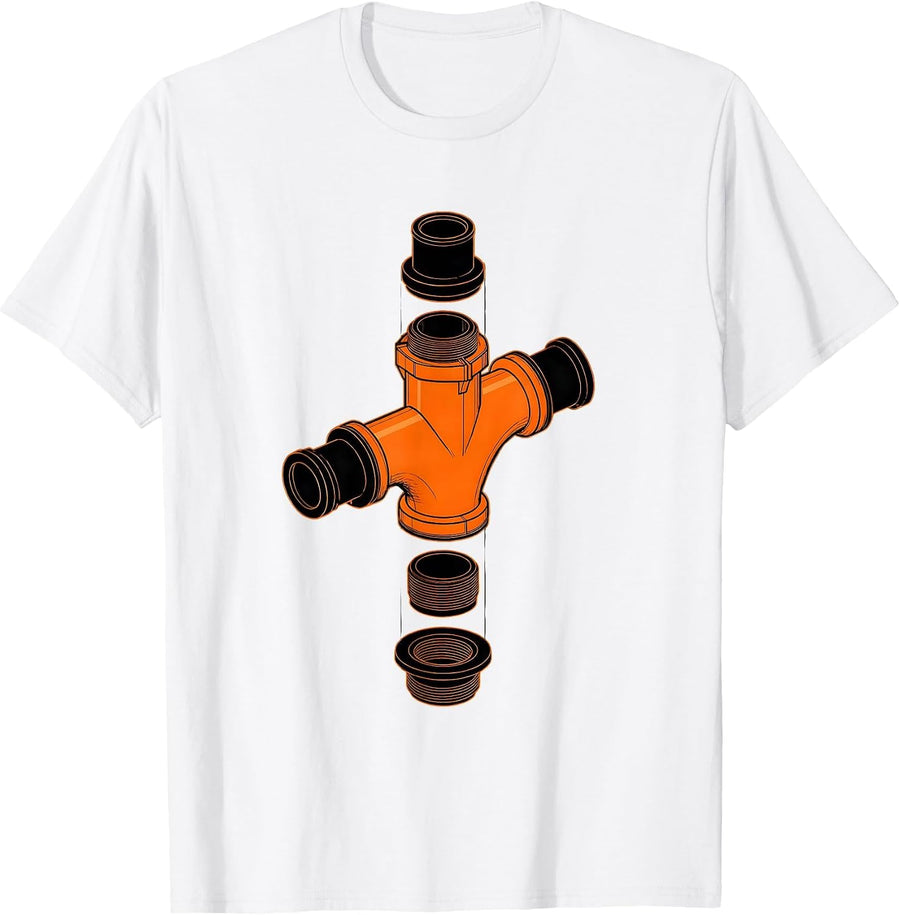 Men's P-Trap Assembly Exploded View Funny Plumber Pipefitter T-Shirt - White
