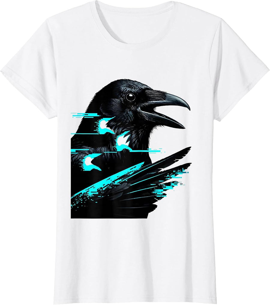 Women's Crow Glitch Datamosh Dark Humor Gothic T-Shirt - White
