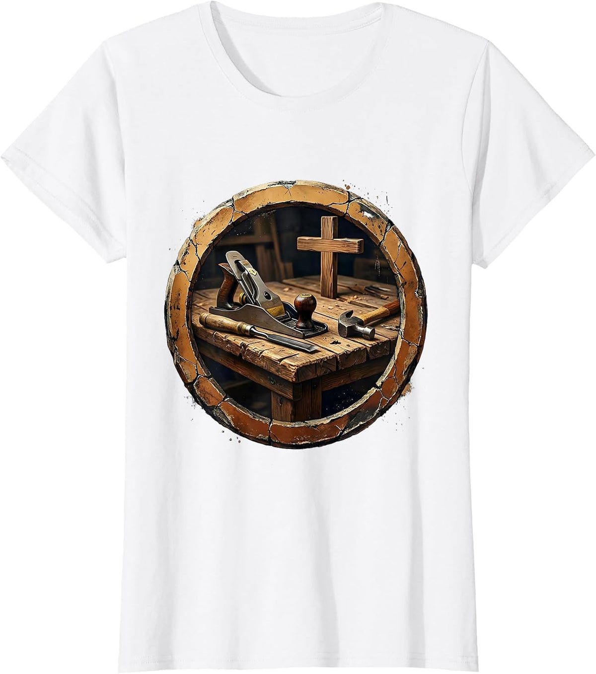 Jesus the Carpenter Tools and Table Illustration T-Shirt - White