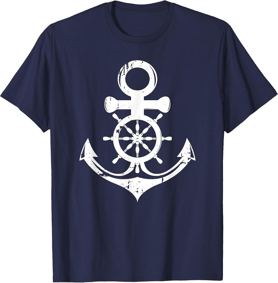 Anchor with Ship Steering Wheel Nautical Vintage Sailor T-Shirt - Navy Blue