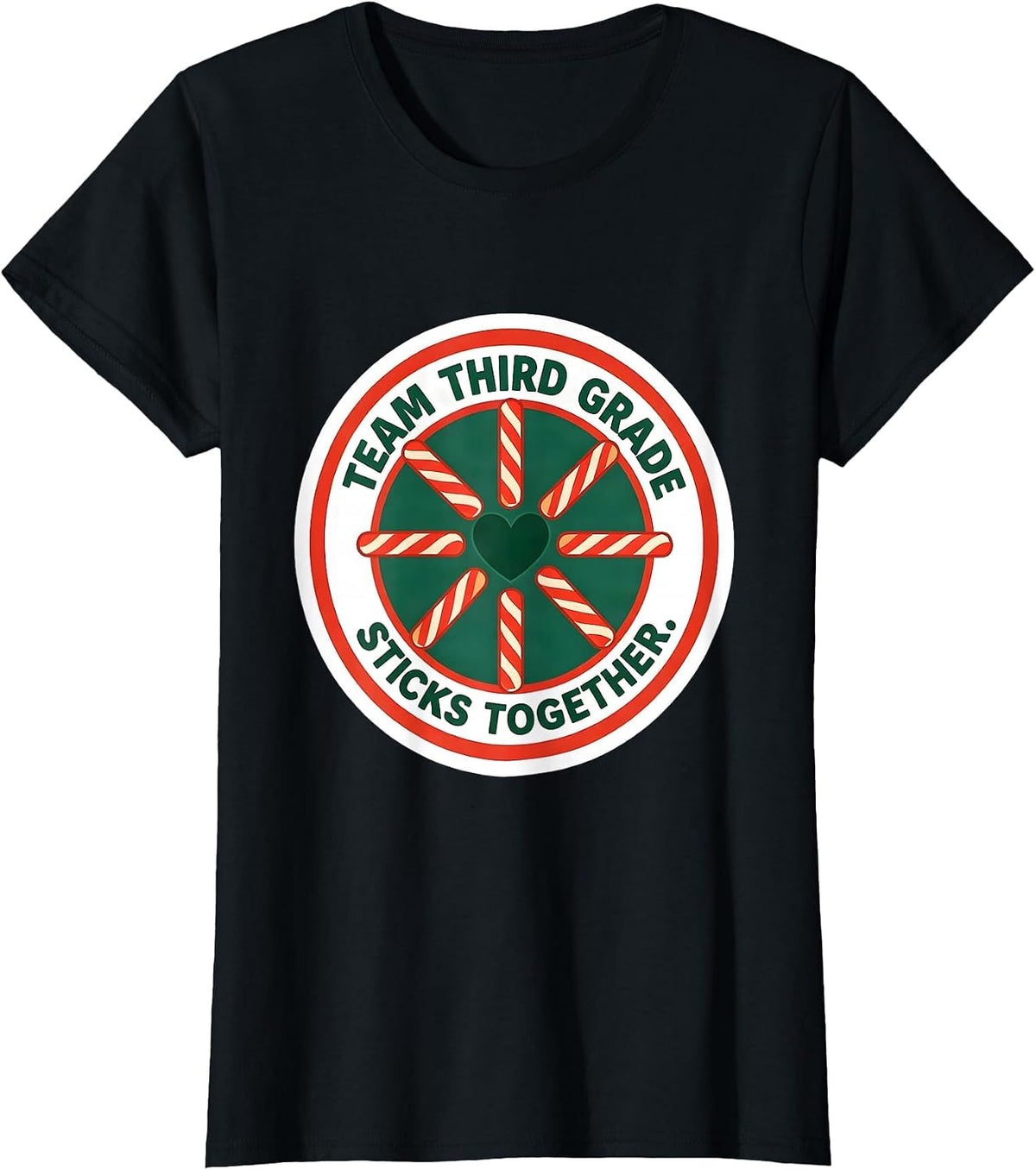 Women's Team Third Grade Sticks Together Christmas Candy Cane T-Shirt - Black