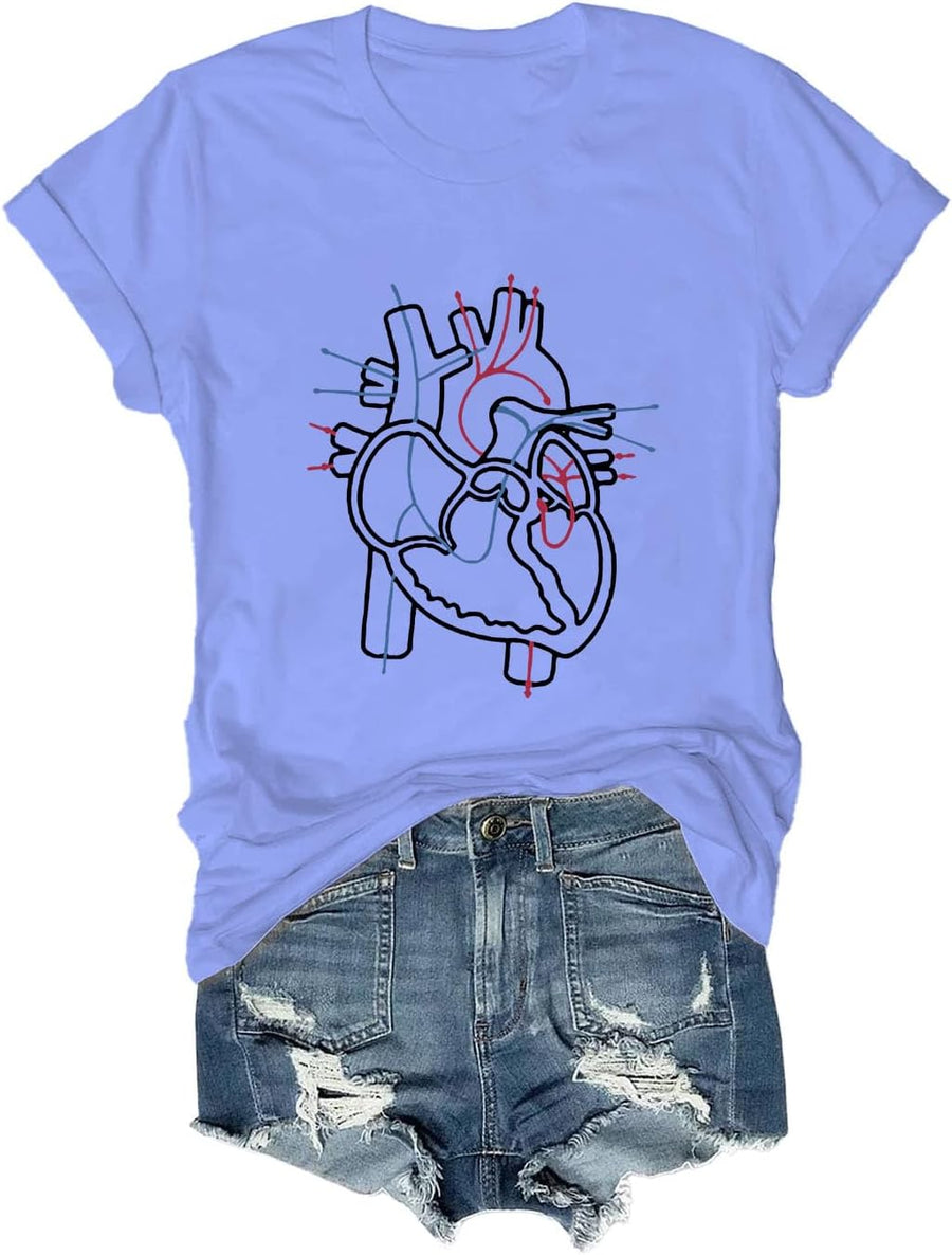 Anatomical Heart Nurse Shirt Anatomical Heart with Flowers T-Shirt Tee - Crewneck Carolina Blue