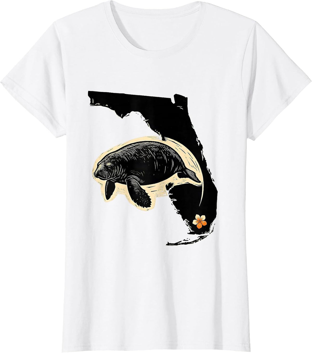 Florida Peninsula Manatee Linocut Retro State Pride T-Shirt - White