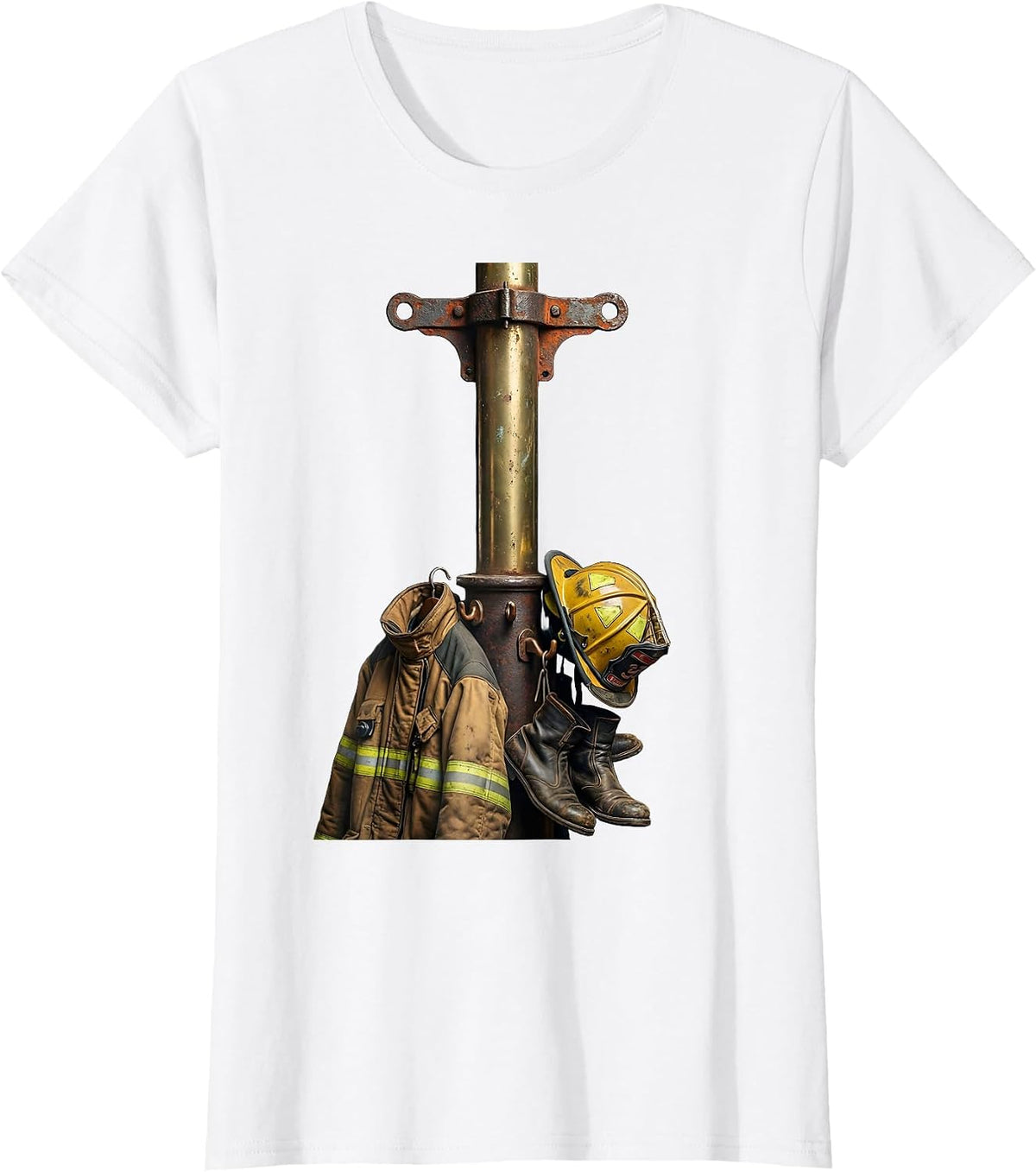Firehouse Pole with Gear Firefighter Graphic T-Shirt - White