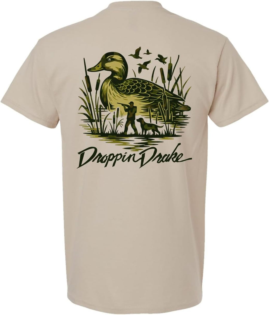 Southern Apparel Men's Duck Hunting T-Shirt - Camouflage Labrador Retriever with Hunter and Duck Graphic Tee - Sand