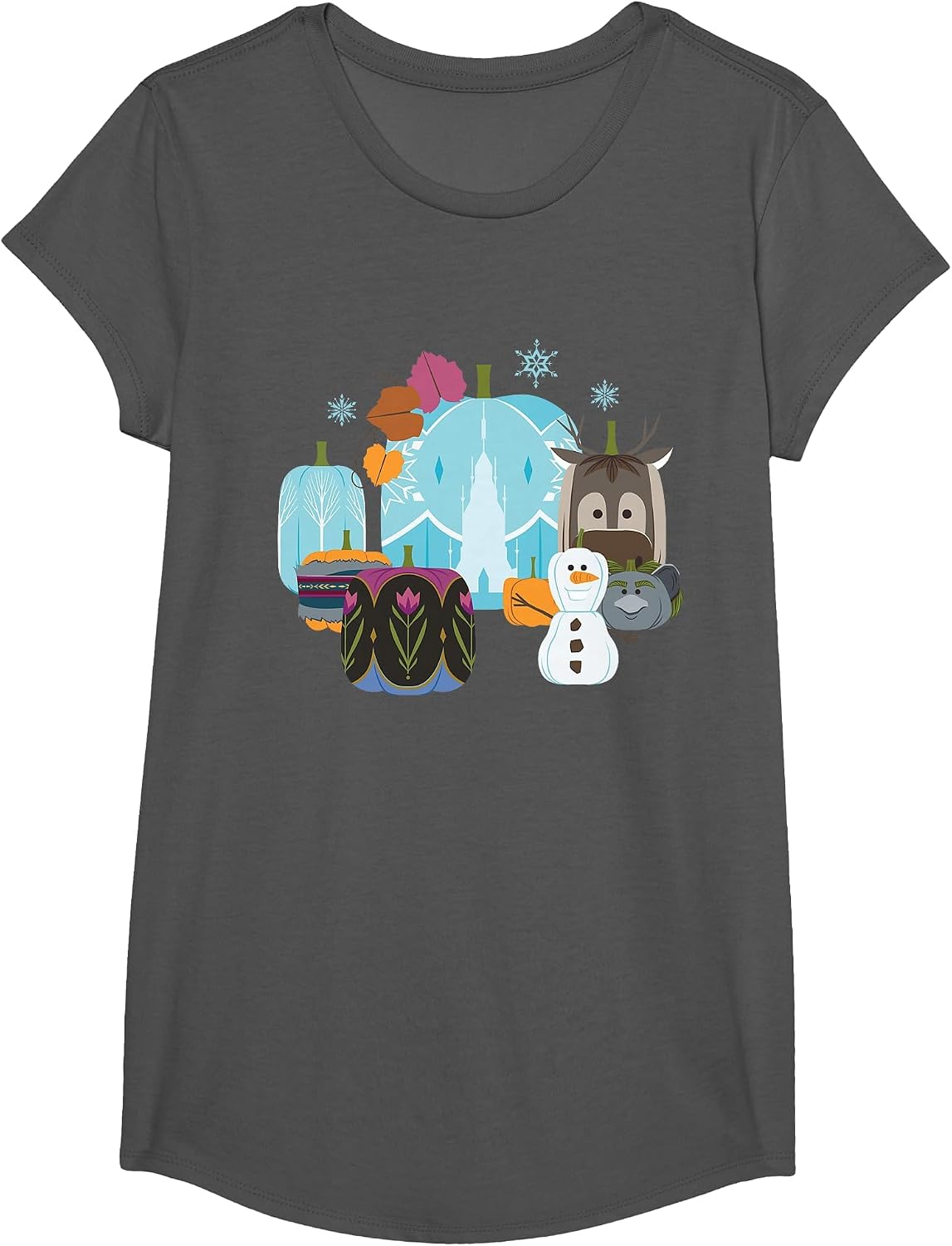 Disney Princess Frozen Pumpkins Autumn Harvest Fall Palace T-Shirt - Girls Asphalt Grey