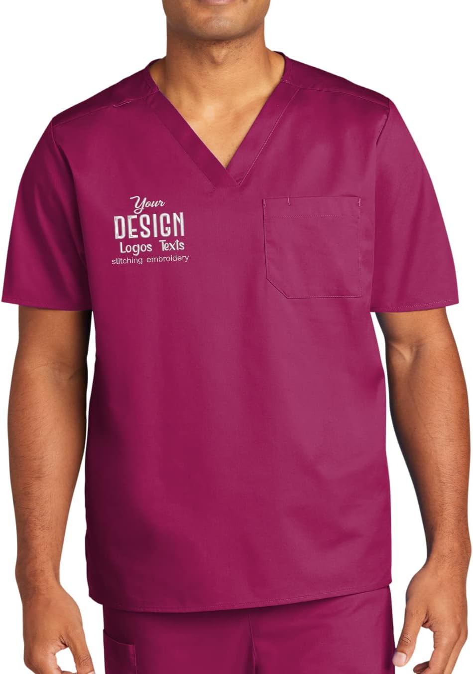 INK STITCH Unisex WW3160 Unisex Embroidered Logo Texts V Neck Pocket Scrub Shirts - Multicolors - Wine