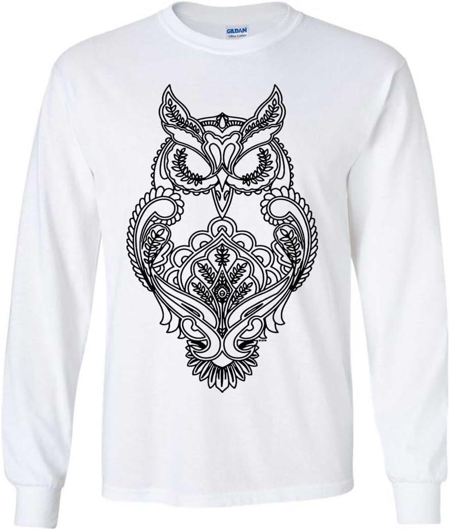 Mystical Owl Stencil Black Long Sleeve Shirt - White
