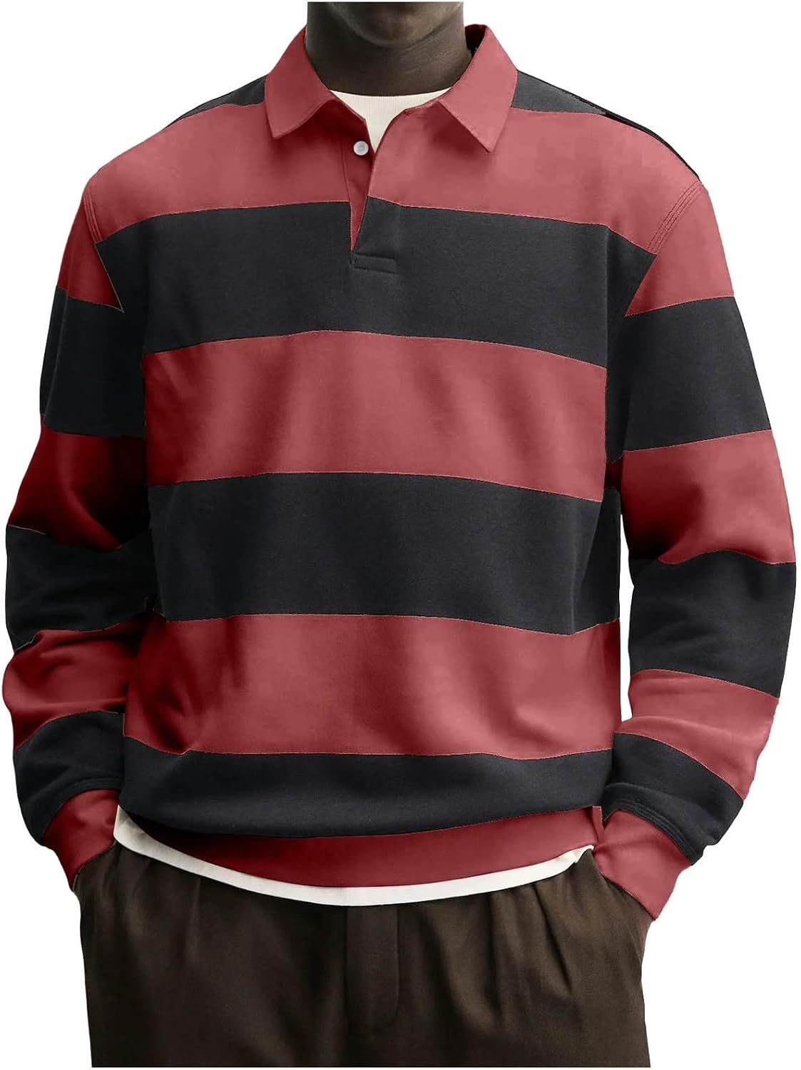 Men's Striped Rugby Shirts Long Sleeve Collar Sweatshirt Casual Tops - 01#red