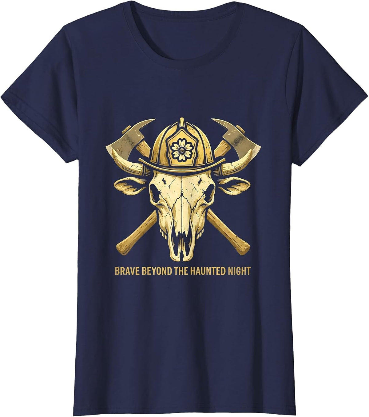 Women's Halloween Firefighter Station Pride Haunted Night T-Shirt - Navy Blue