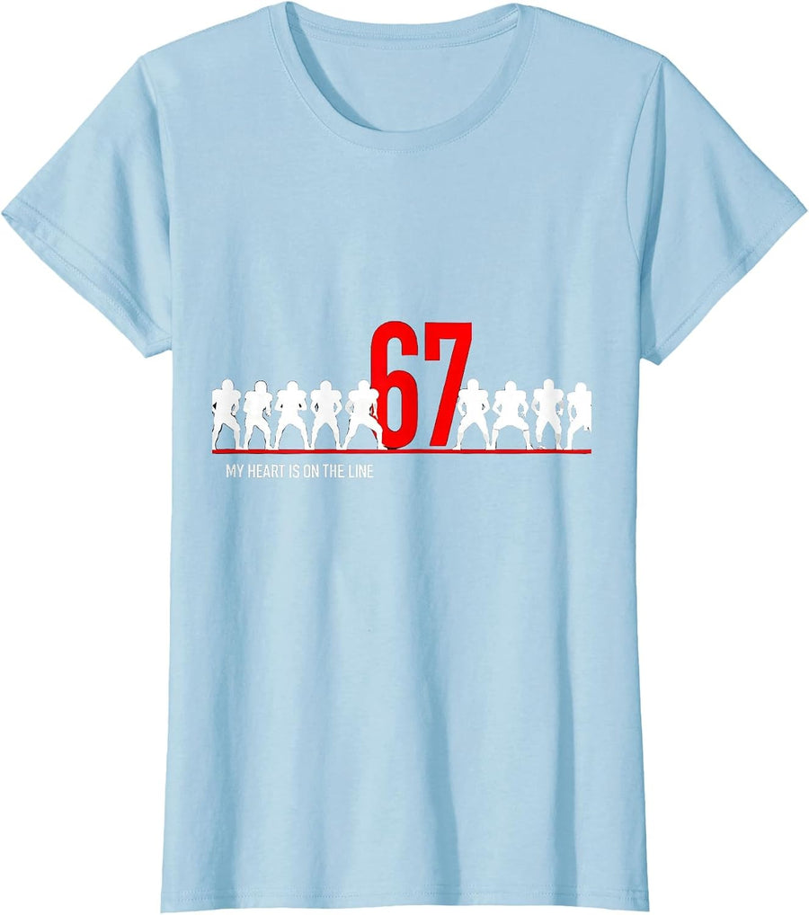 Women's My Heart Is On The Line 67 Football Lineman Mom Jersey T-Shirt - Baby Blue