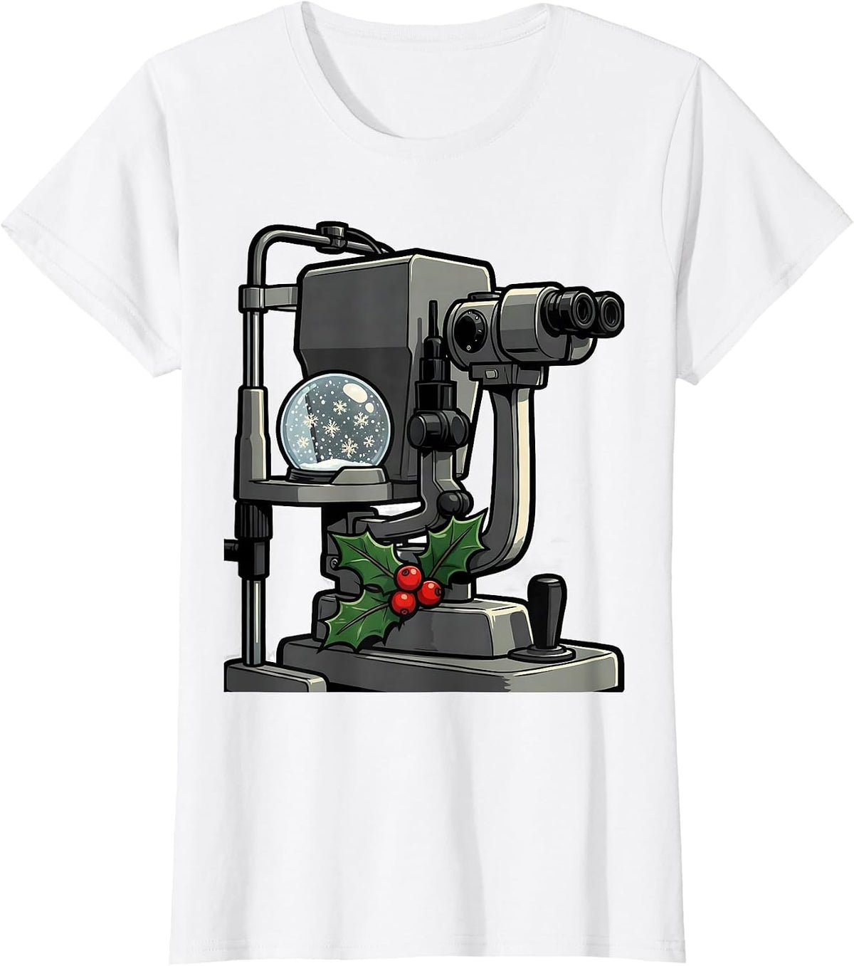 Women's Slit Lamp Snow Globe Cartoon Optometrist Christmas T-Shirt - White