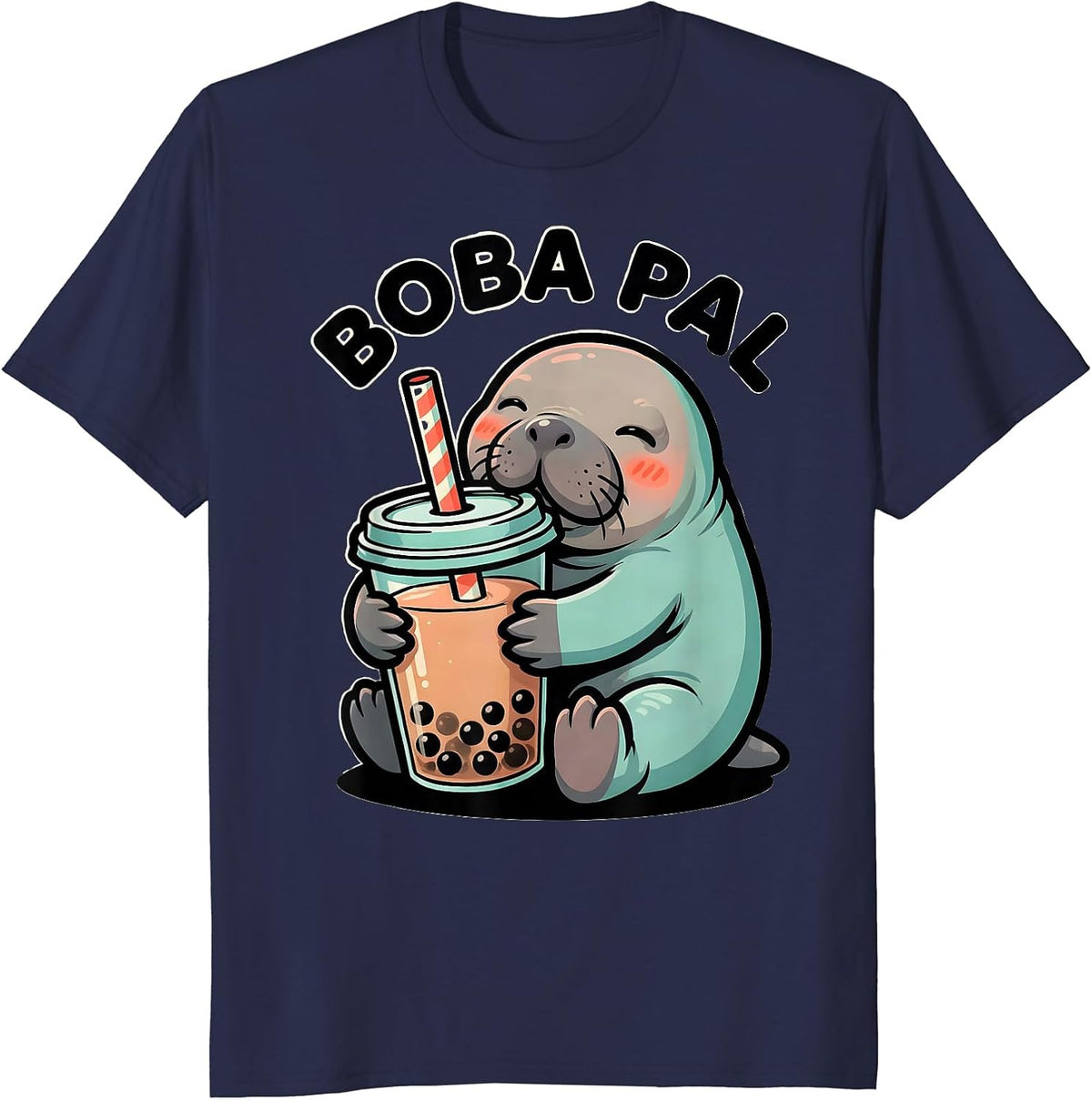 Boba Pal Cute Kawaii Manatee Bubble Tea Lover Girl Gift T-Shirt - Navy Blue