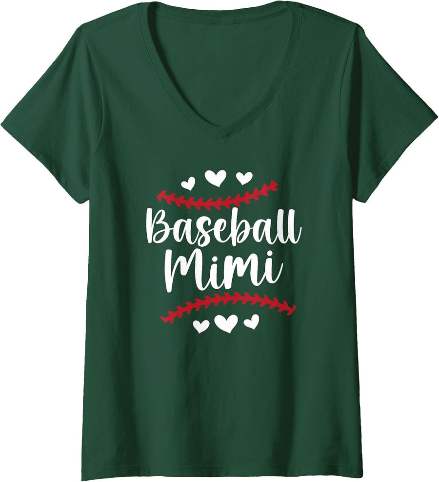 Women's Baseball Mimi of A Baseball Player Mimi Grandma V-Neck T-Shirt - Dark Green