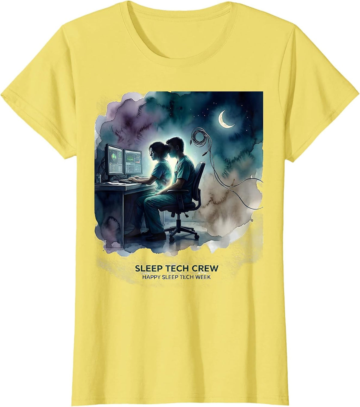 Sleep Tech Crew Happy Sleep Tech Week Watercolor Healthcare T-Shirt - Lemon Yellow