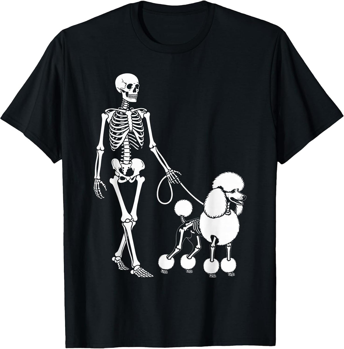 Skeleton Walking Poodle Dog Lovers Halloween Humor T-Shirt - Black