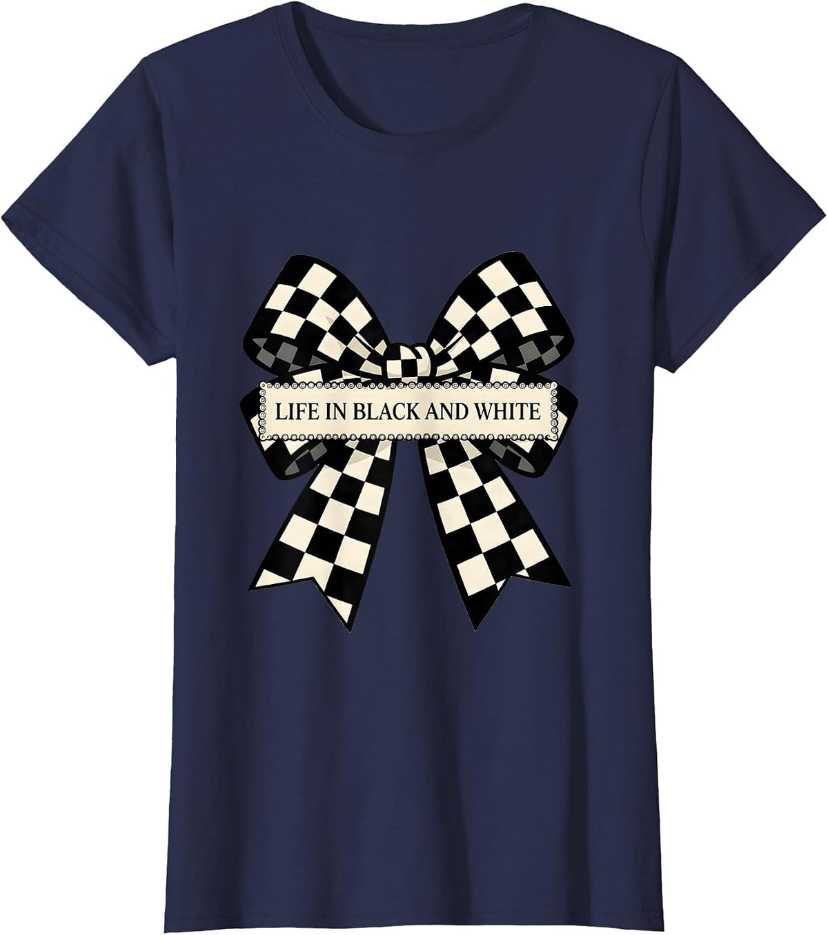Women's Life in Black and White Checkered Design T-Shirt - Navy Blue