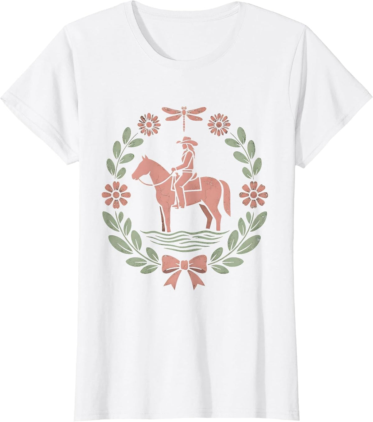 Cowgirl on Horseback River Crossing Illustration T-Shirt - White