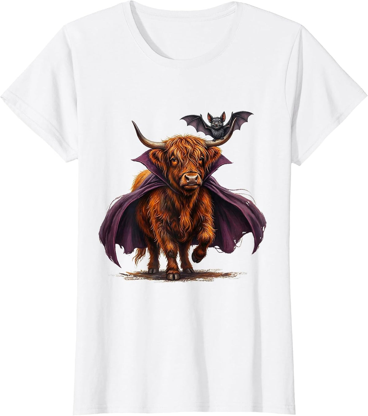 Shaggy Highland Cow Vampire Cape Funny Halloween T-Shirt - White