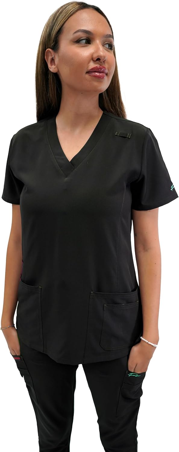 FUBU Women's 5 Pocket V-Neck Scrub Top Medical Nursing Uniform - Black