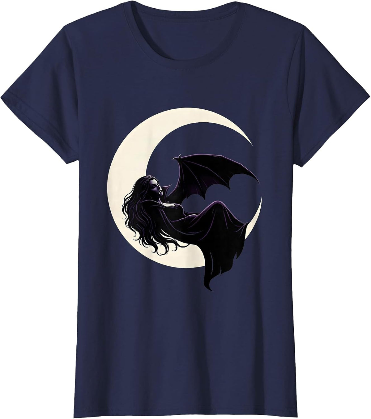 Women's Crescent Moon Sleeping Vampire Halloween Design T-Shirt - Navy Blue
