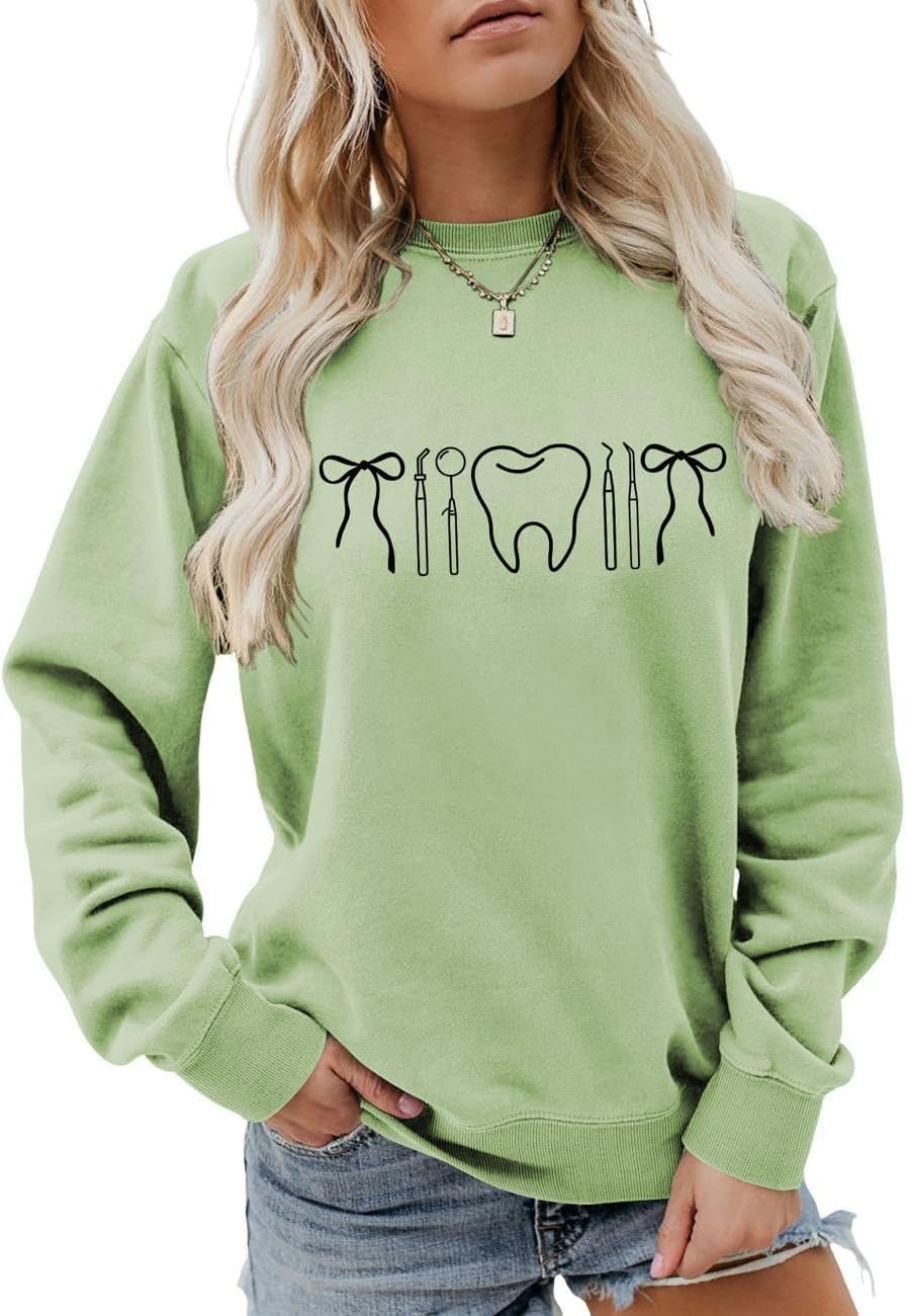 Dental Hygienist Sweatshirt, Dentist Assistant Sweater Womens Teeth Tools Bow Pattern Long Sleeve Pullover Top - Olive Green
