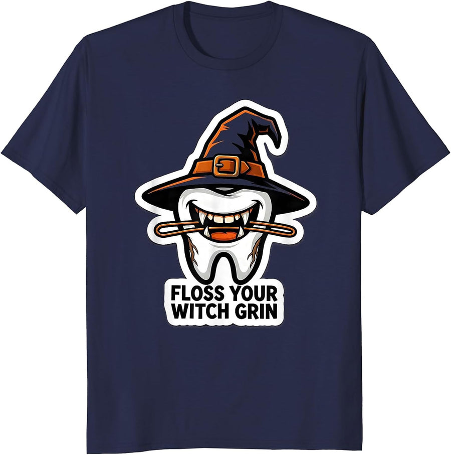 Floss Your Witch Grin Funny Dental Hygienist Halloween T-Shirt - Navy Blue