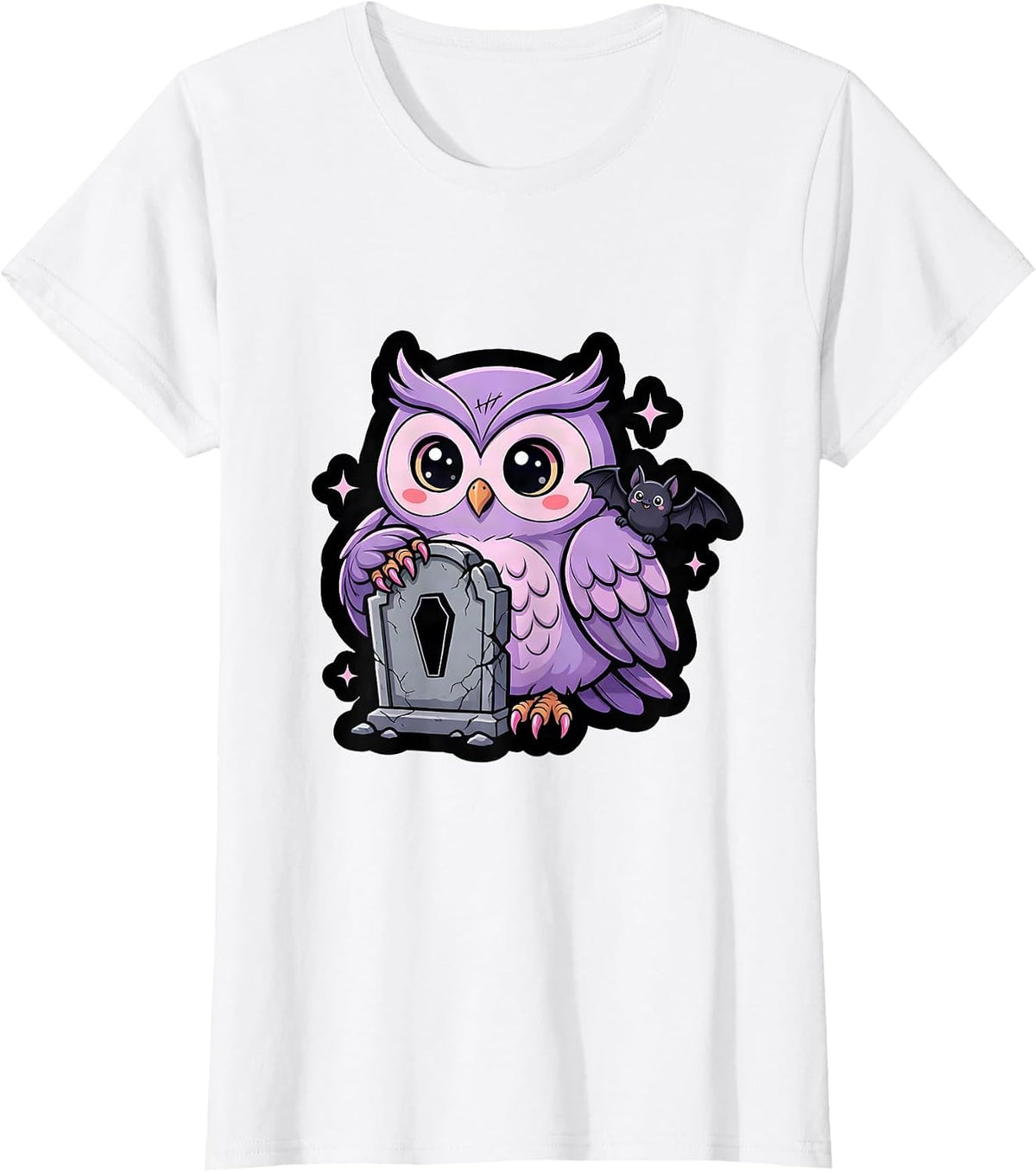 Gothic Owl on Crumbling Tombstone Illustration T-Shirt - White