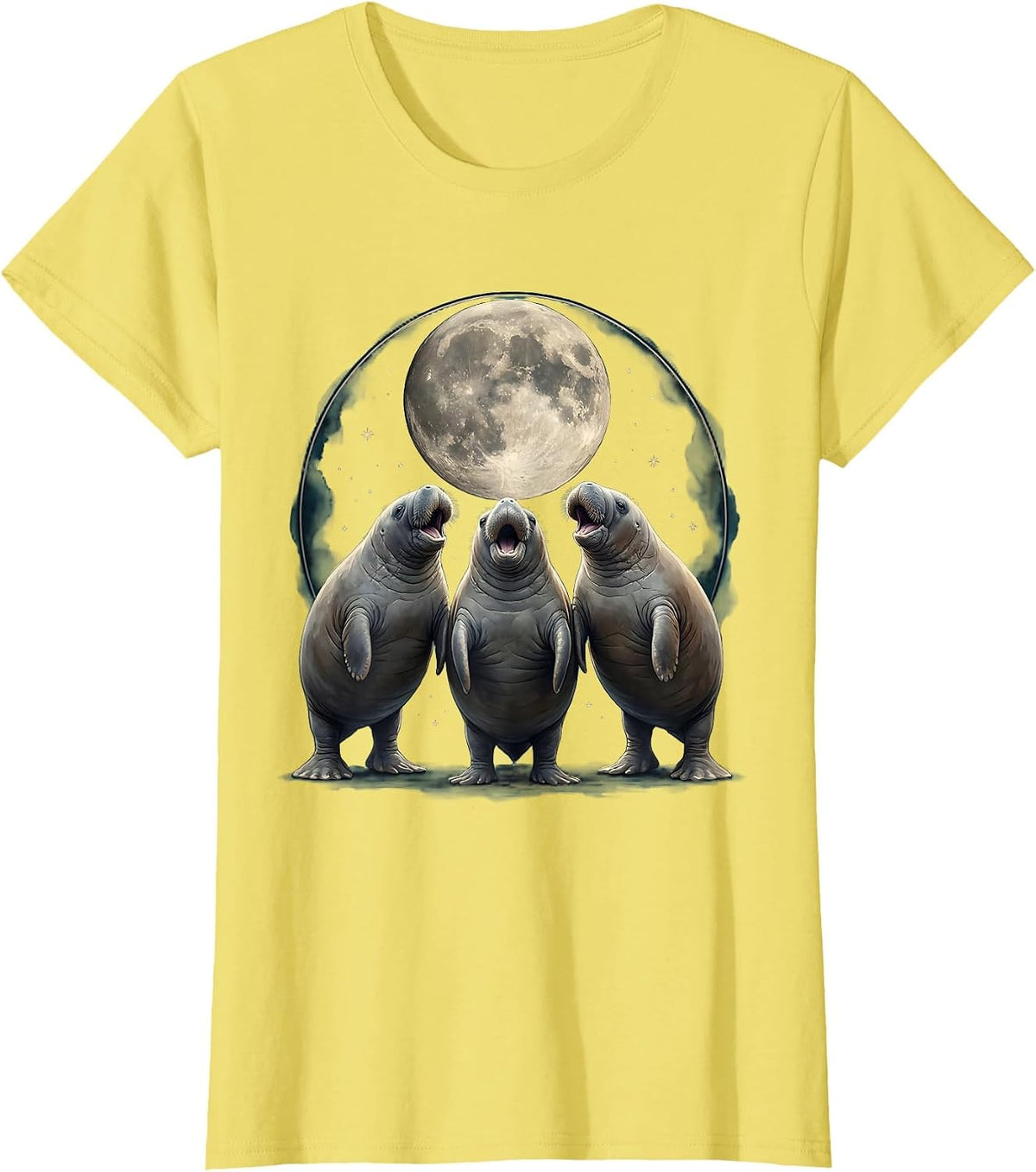 Women's Three Manatees Moon Howling At The Moon Meme Parody T-Shirt - Lemon Yellow